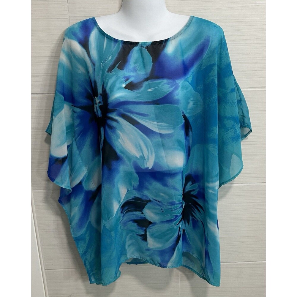 Susan Graver Blue Floral Semi-Sheer Chiffon Top Overlay Swim Cover Up M, Travel